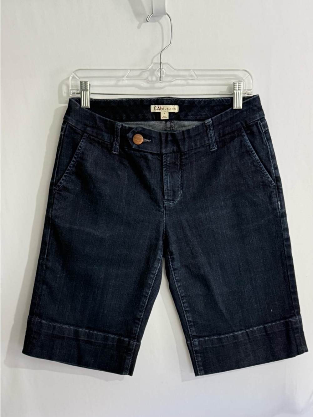 Cabi Bermuda Shorts Mid Rise Cuffed Stretch Casual Dark Wash Denim
